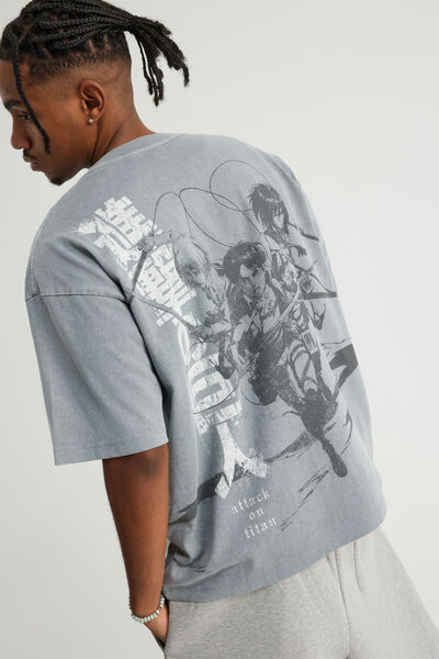 Box Fit Attack On Titans Tshirt, LCN AOT WASHED CONCRETE/EREN ARMIN MIKASA