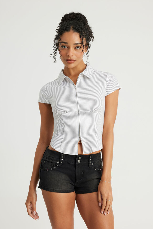 Short Sleeve Zip Through Shirt, WHITE PINSTRIPE