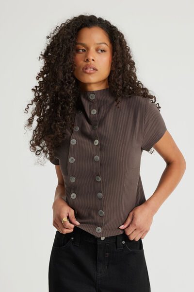Double Button Top, BROWN PINSTRIPE