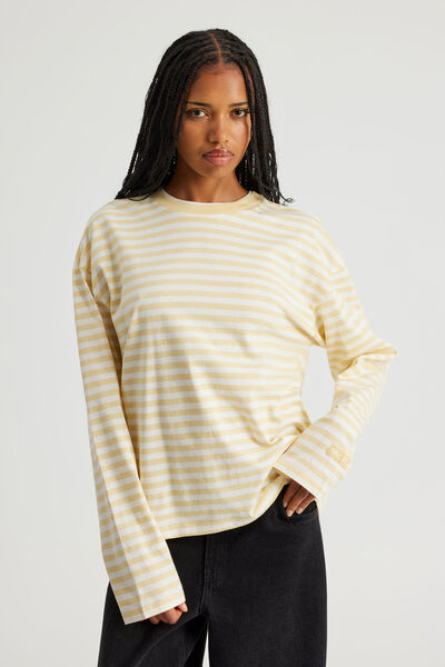 Open Gallery Cropped Long Sleeve Tshirt, OG DAFFODIL STRIPE/OG LOGO