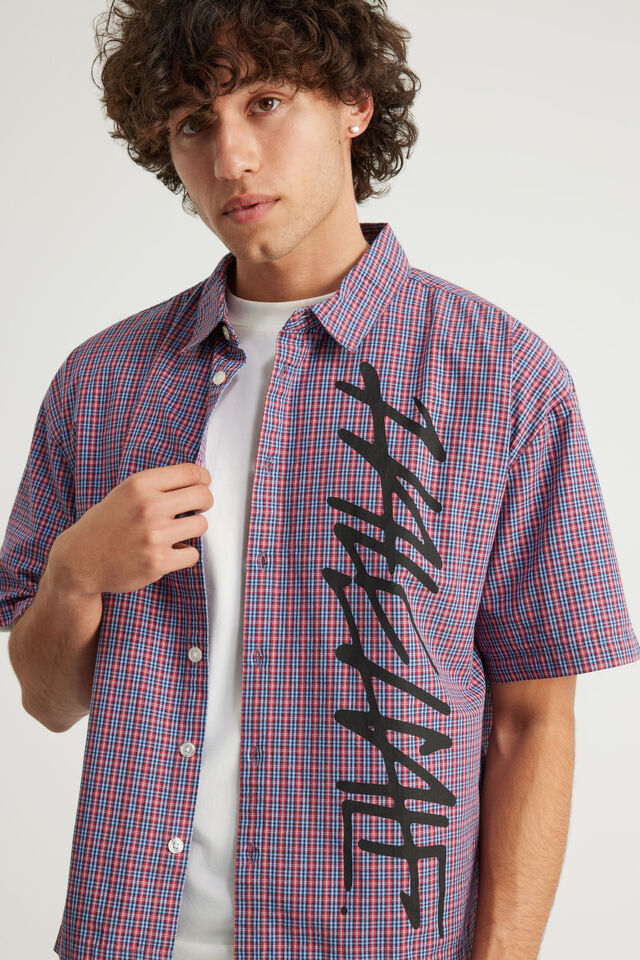 Half Half Boxy Cropped Short Sleeve Shirt, HH POP CHECK/GRAPHIC RED BLUE