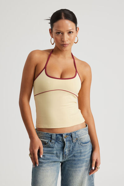 Tie Neck Halter Top, DAFFODIL/CRANBERRY
