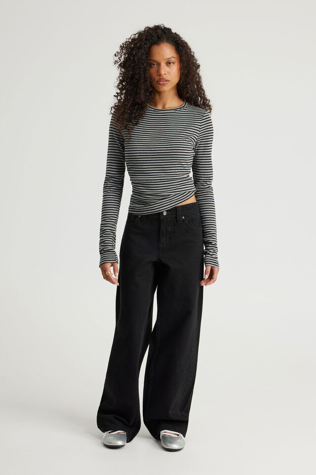Fitted Long Sleeve Top, BLACK/GUNMETAL MARLE STRIPE