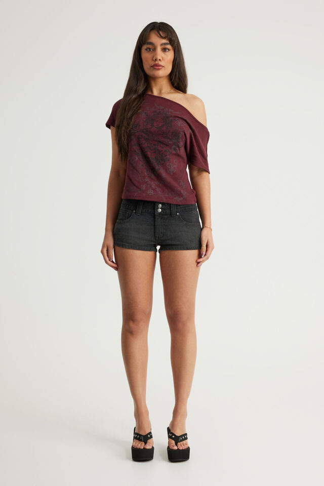 Off Shoulder Graphic Tee, BORDEAUX/SUMMER ROMANCE