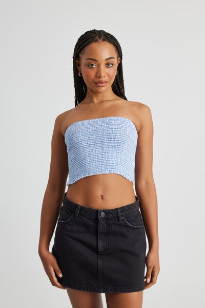 Shirred Bandeau, BLUE GINGHAM