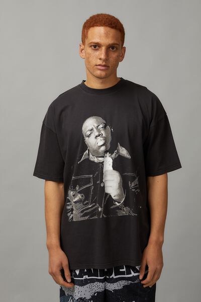Oversized Music Merch T Shirt, LCN MT WASHED BLACK/BIGGIE XL