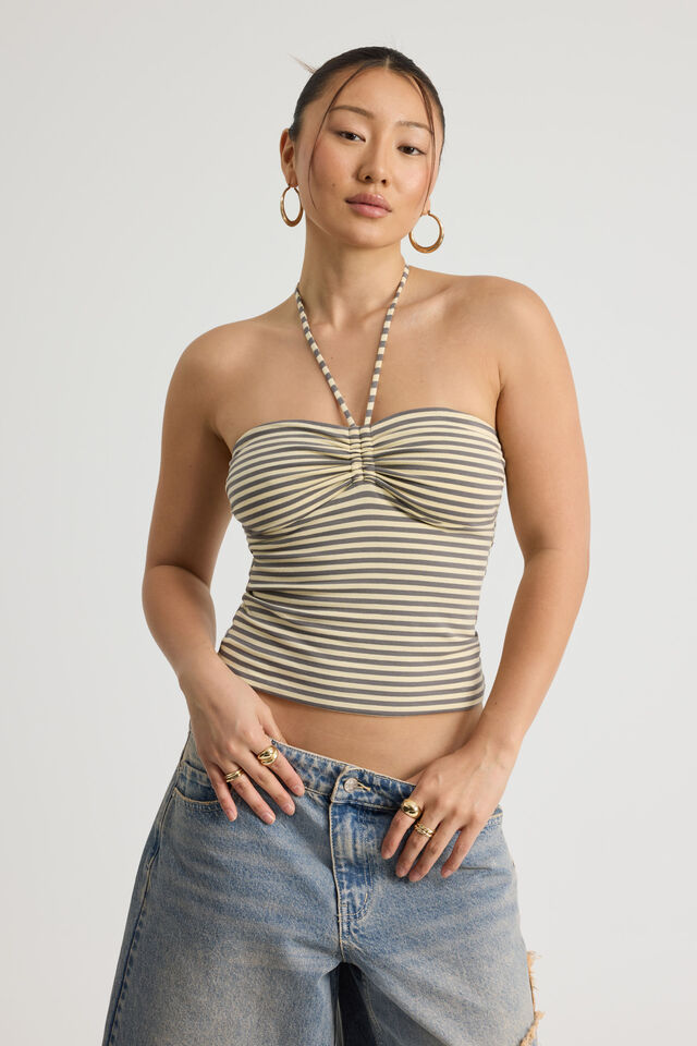 Ruched Front Bandeau Halter, DAFFODIL STRIPE