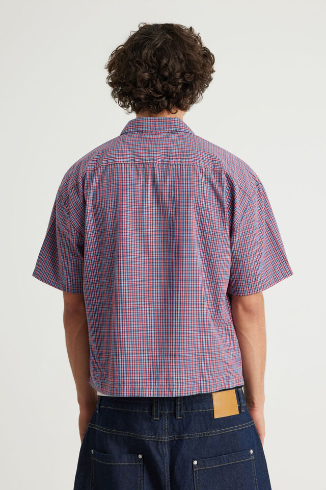 Half Half Boxy Cropped Short Sleeve Shirt, HH POP CHECK/GRAPHIC RED BLUE