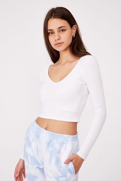 V Neck Scoop Back Ls, WHITE