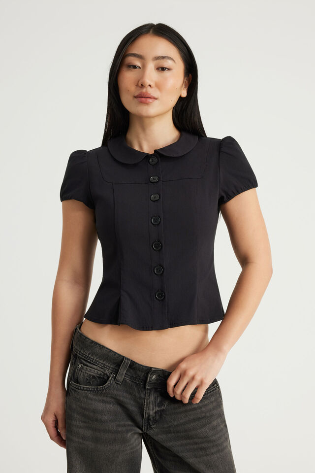 Puff Sleeve Button Up Shirt, BLACK