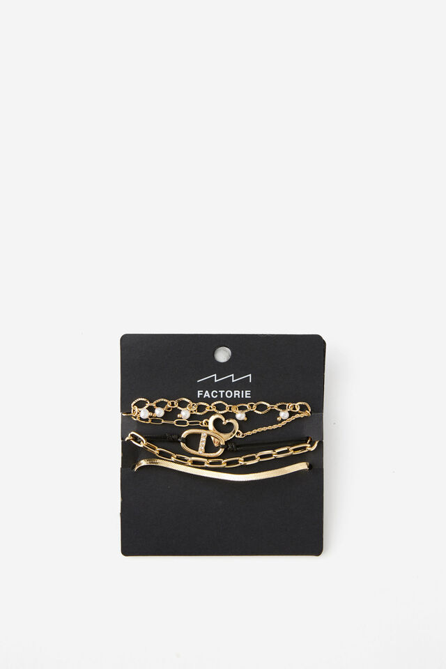 Summer Bracelet Pack, GOLD W BLK CORD AND PEARLS