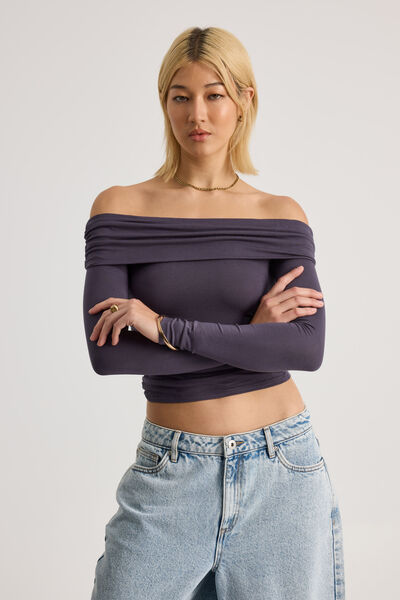 Shay Off Shoulder Long Sleeve Top, IRON GREY