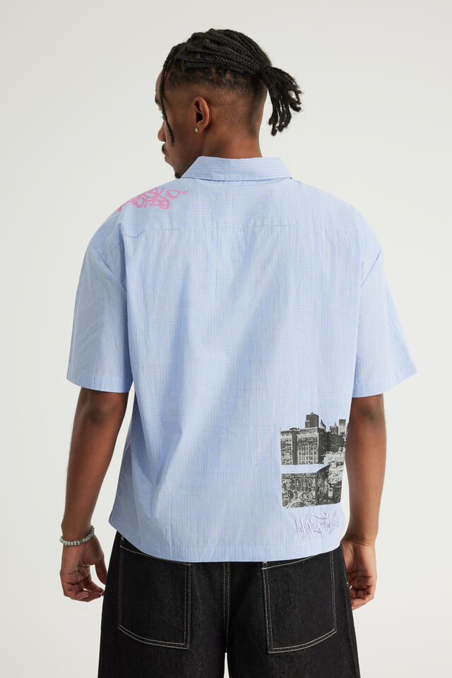 Half Half Boxy Cropped Short Sleeve Shirt, HH WHT BLUE CHECK MULTI PLACEMENT
