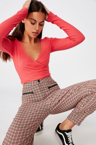 Mock Wrap Front Ls Top, WASHED TOMATO