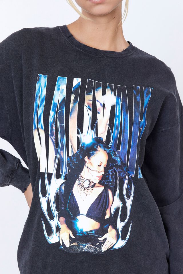 Lcn Music Merch Oversized Graphic Crew, LCN MT WASHED BLACK/AALIYAH FLAMES
