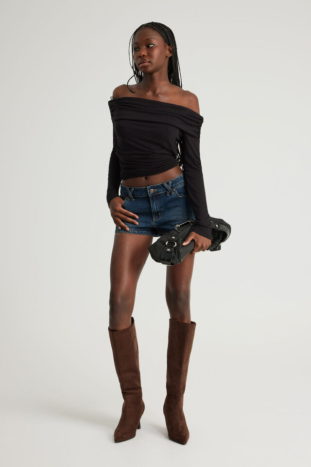 Off Shoulder Long Sleeve Top, WASHED BLACK