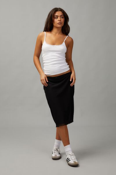 Mesh Midi Slip Skirt, BLACK