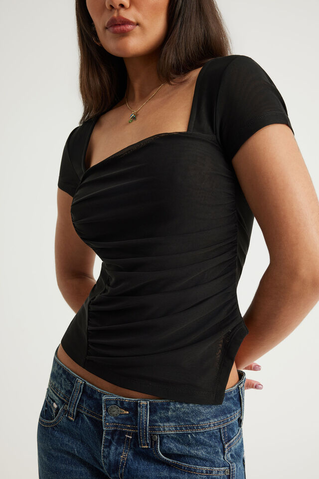 Mesh Square Neck Top, BLACK