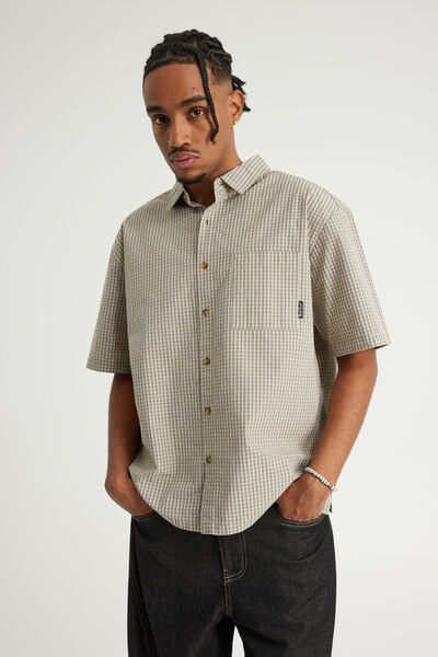 Half Half Short Sleeve Shirt, HH BEIGE BLK CHECK