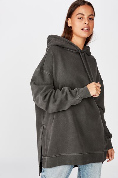 Oversized Split Hem Hoodie, WASHED BLACK