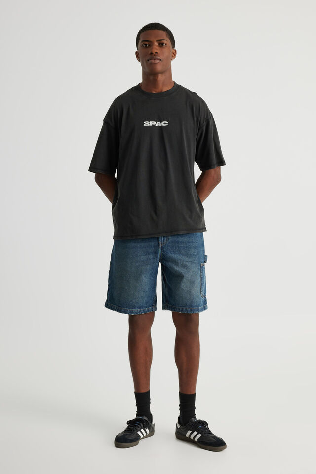 Box Fit Music Merch T Shirt, LCN BRA WASHED BLACK/TUPAC SHAKUR