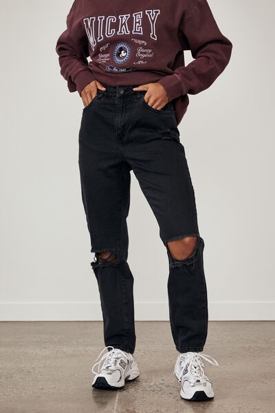 Ripped Mom Jean, THRIFT BLACK DISTRESSED
