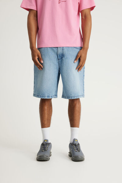 Half Half Baggy Denim Short, BLUE LAGOON/HH PINK OUTLINE