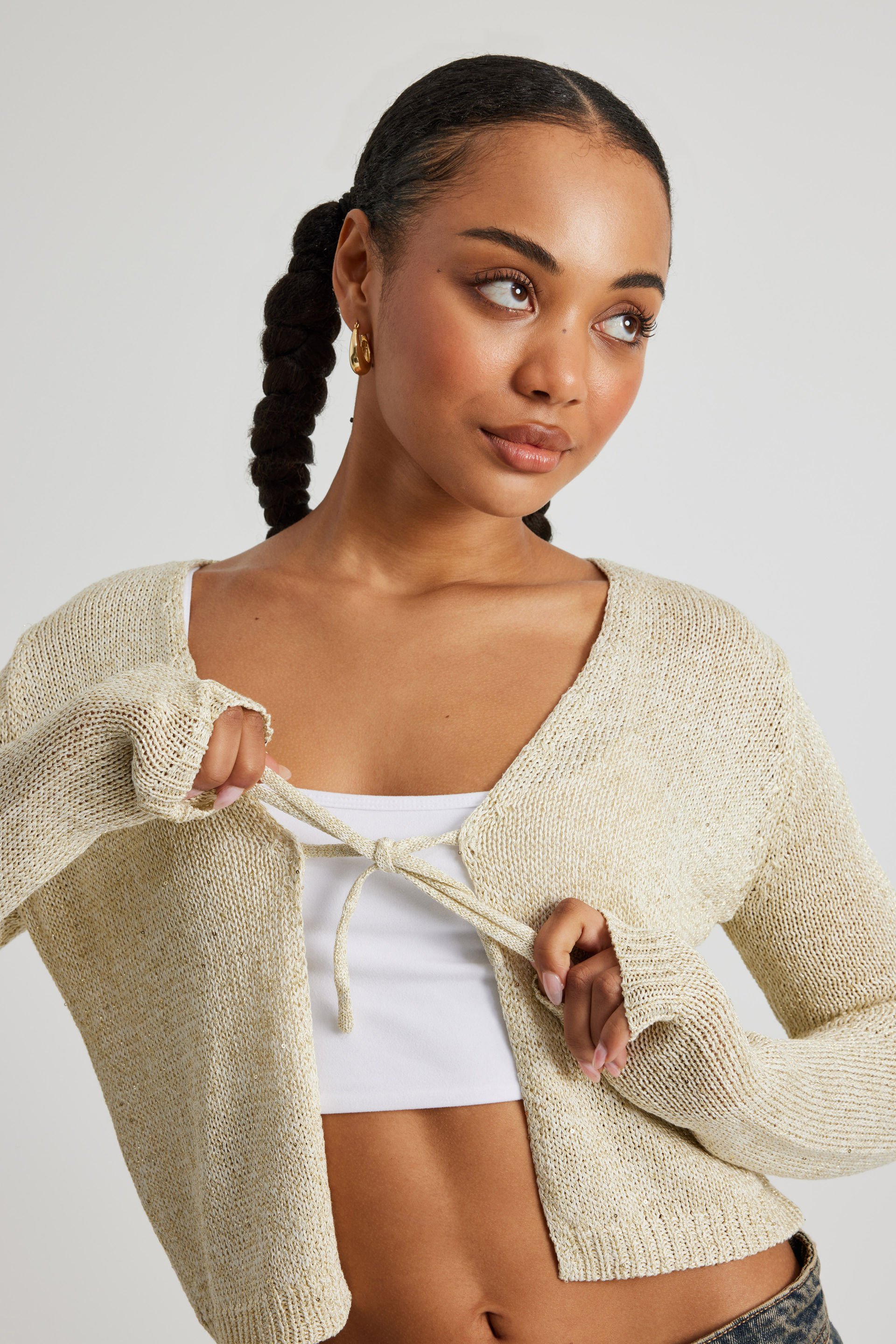 Metallic Tie Front Knit Cardigan