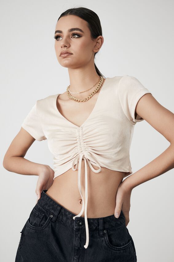 Short Sleeve Slinky V Neck Ruched Top, BEIGE