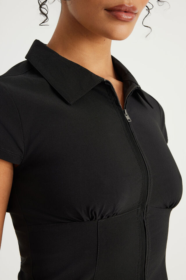 Short Sleeve Zip Through Shirt, BLACK