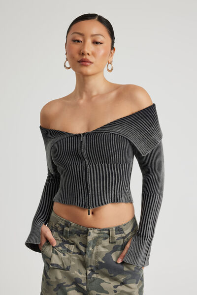 Knit Off Shoulder Long Sleeve, WASHED BLACK