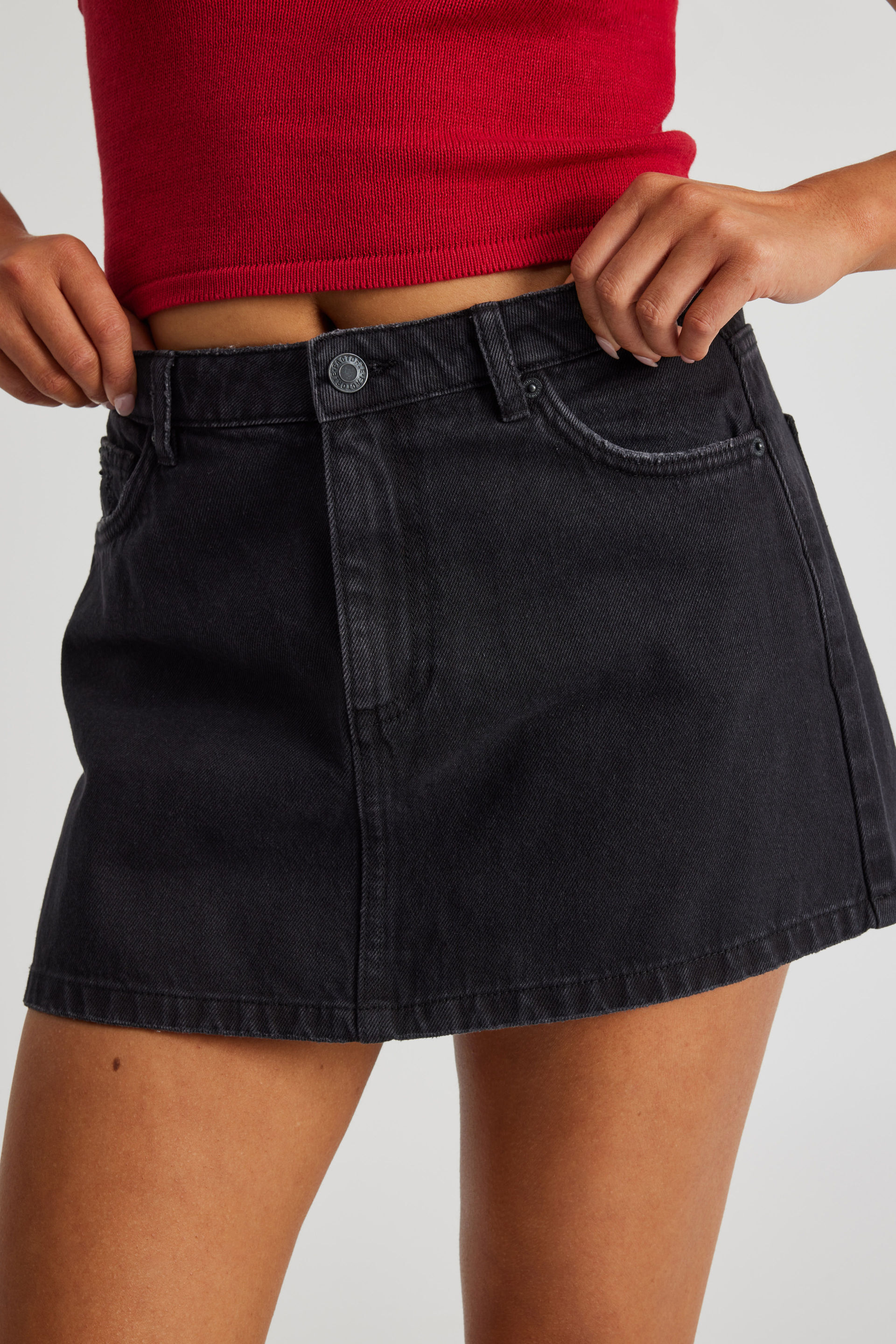 Black denim skirt australia top