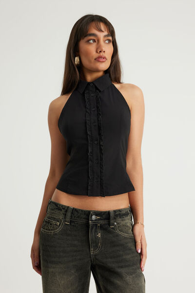 Open Back Halter Shirt, BLACK