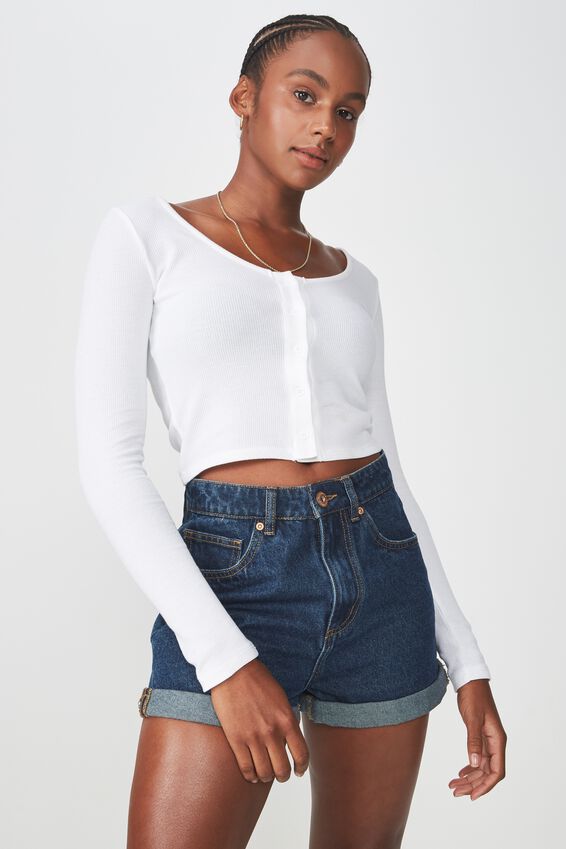Waffle Long Sleeve Henley Crop, WHITE