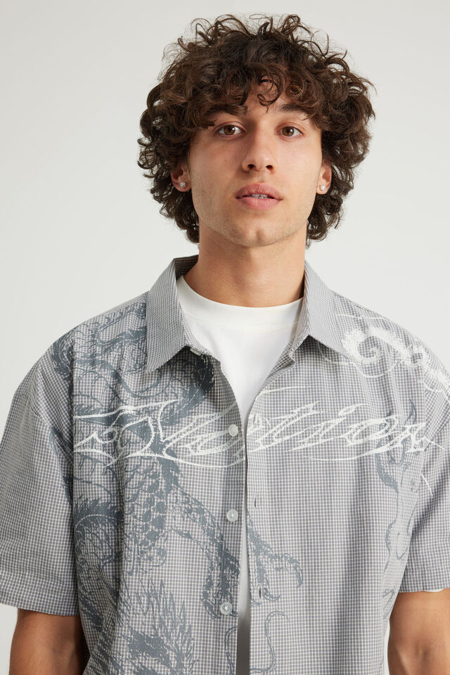 Notion Boxy Cropped Short Sleeve Shirt, NOTION MICRO CHECK/FULL FRONT GRAPHIC