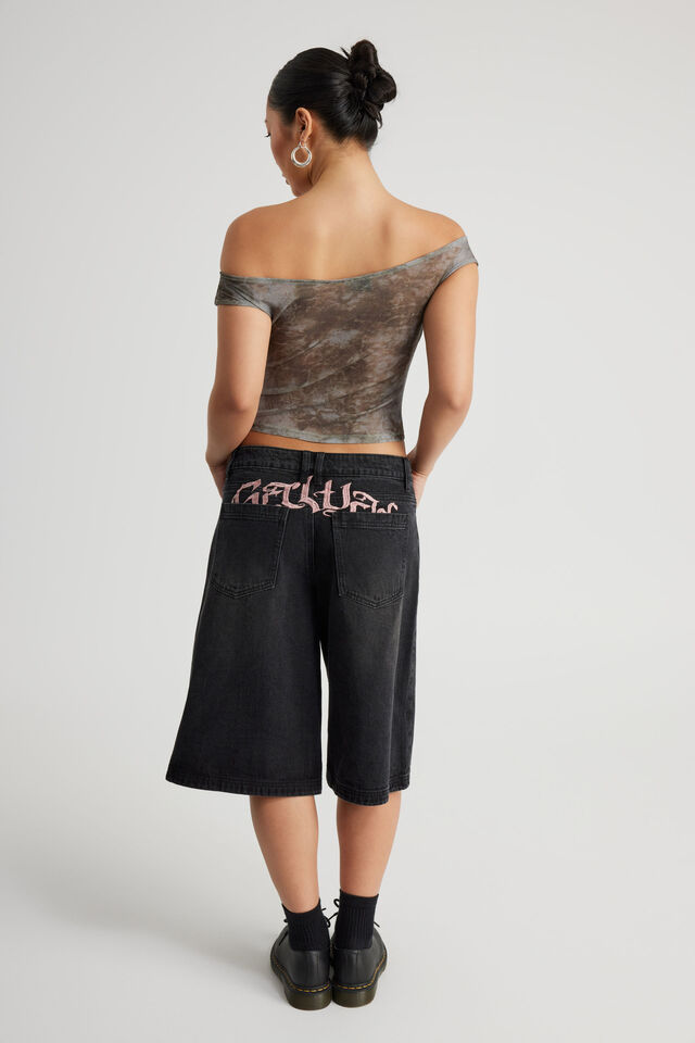Textured Off Shoulder Top, GREY BROWN TIE DYE