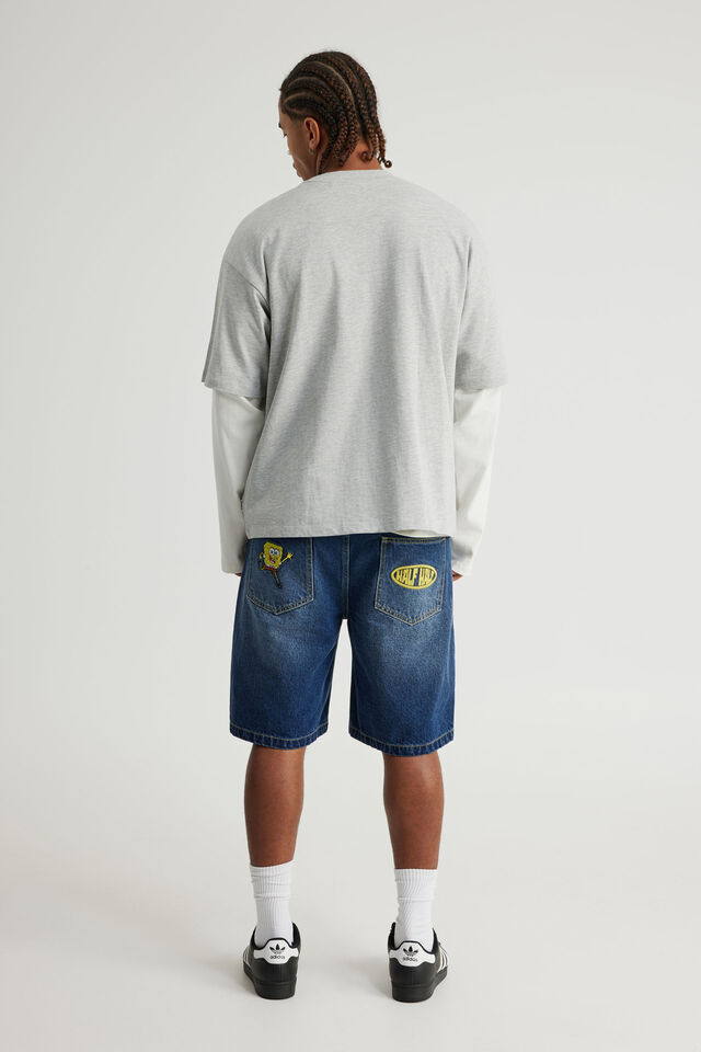 Spongebob X Half Half Painter Baggy Denim Short, LCN NIC DEEP WATER BLUE/SPONGEBOB