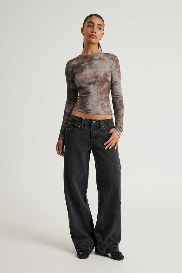 Fitted Long Sleeve Top, GREY BROWN TIE DYE