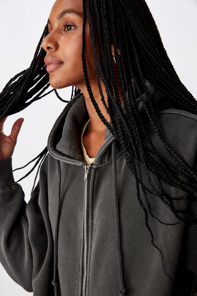 Oversized Heavy Washed Fleece Jacket, WASHED BLACK