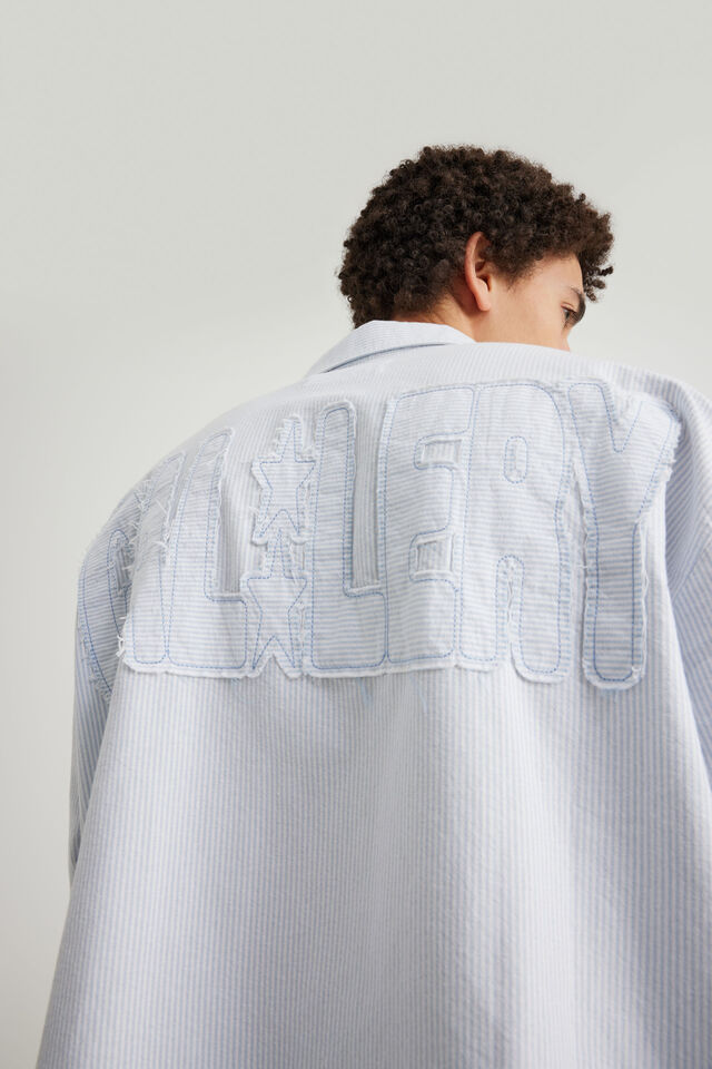 Open Gallery Boxy Cropped Long Sleeve Shirt, OPEN GALLERY BLUE MIST STRIPE W ARTWORK