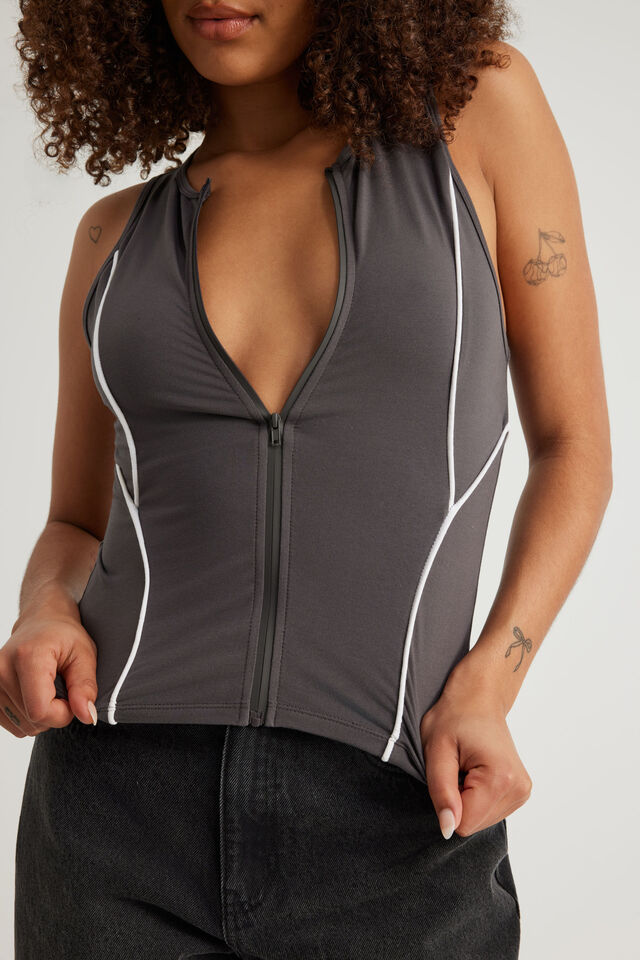 Panelled Zip Through Tank, WASHED BLACK/WHITE PIPING