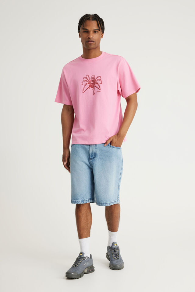 Half Half Baggy Denim Short, BLUE LAGOON/HH PINK OUTLINE