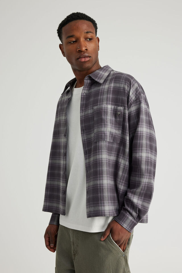Notion Boxy Cropped Long Sleeve Shirt, NOTION WASHED PURPLE GREY FLANNEL