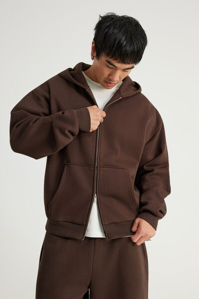 Authentics Boxy Zip Thru Hoodie, WALNUT