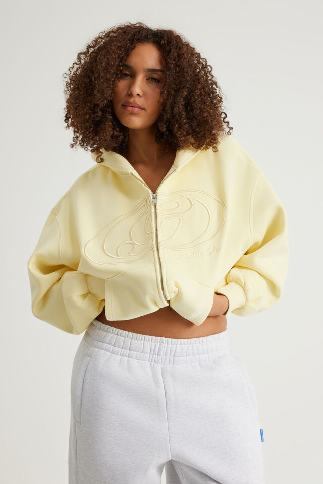 Open Gallery Boxy Zip Through Hoodie, OG WASHED BUMBLE YELLOW/GALLERY SWIRL