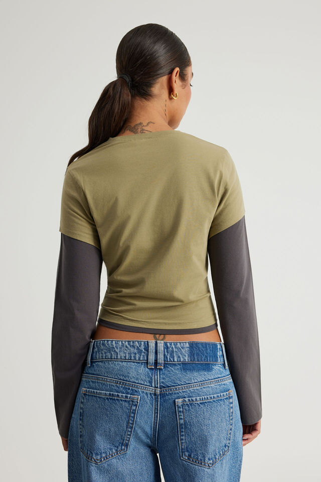 Layered Long Sleeve Top, WASHED OLIVE STONE/EAGLE