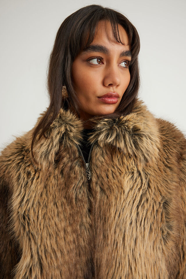 Miss World Cropped Faux Fur Jacket, CINNAMON