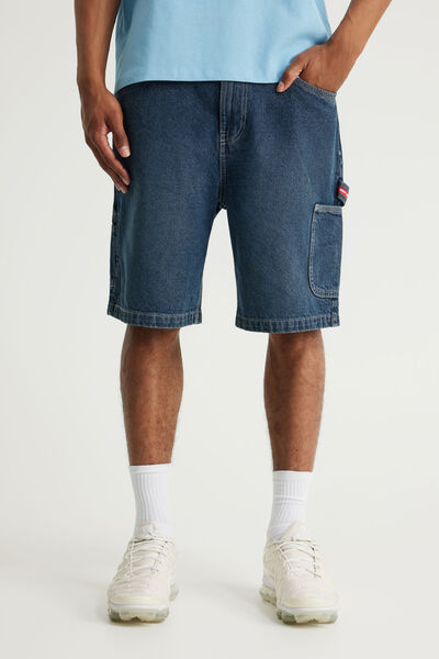 Half Half Painter Baggy Denim Short, FADED STORM