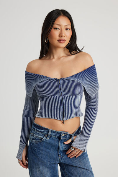 Knit Off Shoulder Long Sleeve, WASHED CORPORATE BLUE