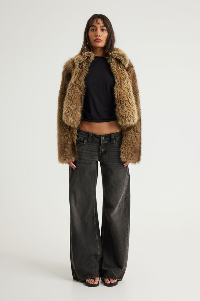 Miss World Cropped Faux Fur Jacket, CINNAMON